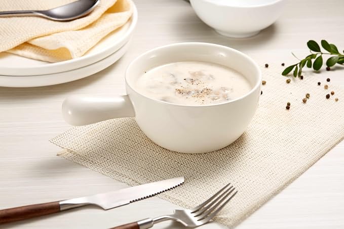 Kook French Onion Soup Crocks, Stackable Ceramic Bowls with Handles, Oven, Microwave and Dishwasher Safe, for Cereal, Soups, Casseroles, with Handle, Stoneware, 24 oz, Set of 4, White