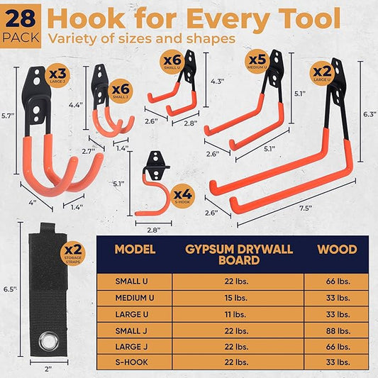 28 Pack Steel Heavy Duty Garage Hooks Storage Hooks with Anti-Slip Coating, Utility Garage Wall Mount Hanger and Organizer for Bikes, Ladder, Rope, Broom, Shovel and Garden Power Tools (28, Orange)