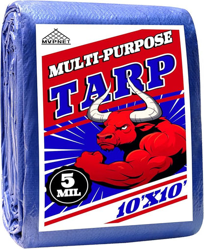 Tarp 10x10 ft 100% Waterproof Uv Resistant High Durability Multipurpose 5mil Blue Tarp for Covering Courtyards, Cars, Camping, Gardens, Pet Nests -by MVPNET