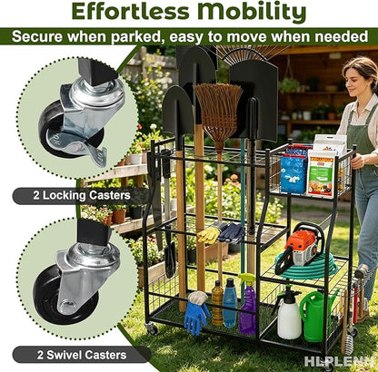 Large Garden Tool Organizer with Wheels, Yard Tool Organizer Stand for Long Handled Tools, Indoor/Outdoor Metal Yard Tool Storage Rack Cart for Garage, Shed, Garden