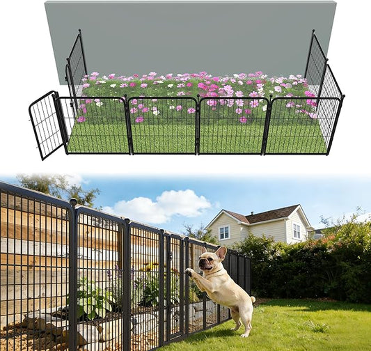 FXW Garden Fence Outdoor for the Yard – 24in(H) x 15.2ft(L) Heavy Duty Metal Animal Barrier for Dog, No Dig Decorative Dog Fence, 8 Panels, Black