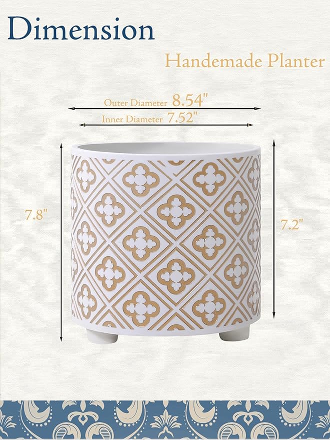 8 Inch Flowerpot, Planter for Indoor Plant, Indoor & Outdoor Plants Pot with Drainage Hole - for Decoration of Home Garden & Terrace, White & Gold