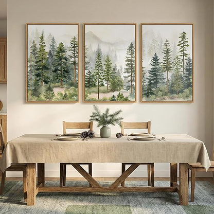 Large Framed Green Forest Landscape Wall Art for Living Room, 3 Piece Nature Pine Tree Woodland Artwork for Walls, White Foggy Mountain Modern Nordic Scenic Bedroom Office Print Wall Decor, 24x36 Inch