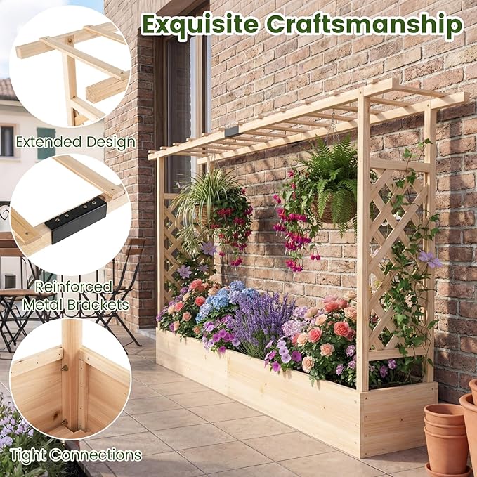 S AFSTAR Raised Garden Bed with Trellis, 2 Pieces Fir Wood Planter Box with Flat Roof & Drainage Holes, Vertical Planter Raised Bed for Climbing Plants, Flowers & Vegetables, 87" x 14" x 45" (Natural)