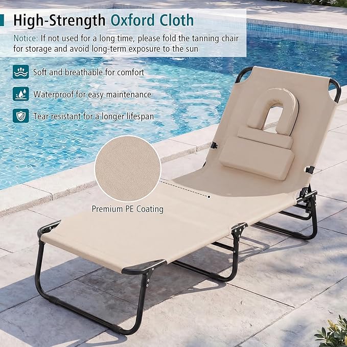 GYMAX Tanning Chair, Folding Lounge Chairs with Face Hole & Cover, Removable Pillow Carry Handle, Portable Compact Outdoor Layout Recliner for Beach, Poolside, Lawn, Patio, Camping (Sand,1)