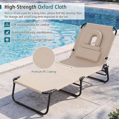 GYMAX Tanning Chair, Folding Lounge Chairs with Face Hole & Cover, Removable Pillow Carry Handle, Portable Compact Outdoor Layout Recliner for Beach, Poolside, Lawn, Patio, Camping (Sand,1)