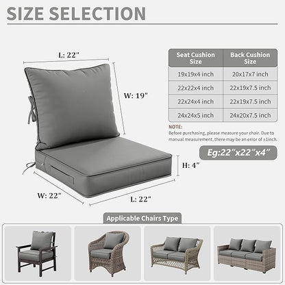 Premium Outdoor Seat Cushion Chair Cushions for Patio Furniture 22 L X 22 W X 4 H Waterproof & Fade Resistant Deep Seat and Backrest Cushion Set with Removable Covers for Chair, Sofa