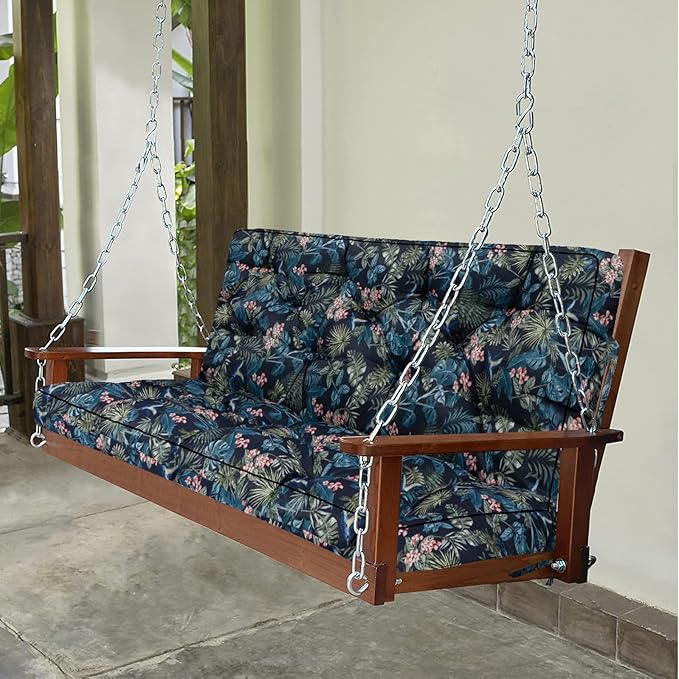 Swing Replacement Seat Cushions, 2-3 Seater Bench Cushions for Outdoor Furnitur with Backrest, Garden Recliner Seat Cushions Waterproof Sofa Pads (Leaves+Flower Pattern, 70.8x40in)