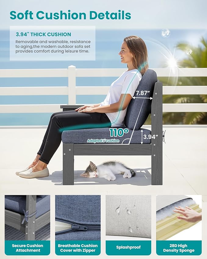 SERWALL 7-Piece Patio Sofa Set with 15FT Double Side Patio Umbrella, Outdoor Furniture Set, All-Weather HDPE Sectional Conversation Set, Large Modular Sofas for Garden, Grey Frame with Grey Cushion