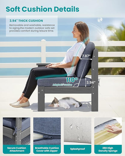 SERWALL 2 Pieces Patio Sofas, HDPE Outdoor Conversation Set with Cushions and Ottoman, Modular Sectional Patio Furniture for Backyard, Deck, Garden, Poolside, Grey Frame with Grey Cushion