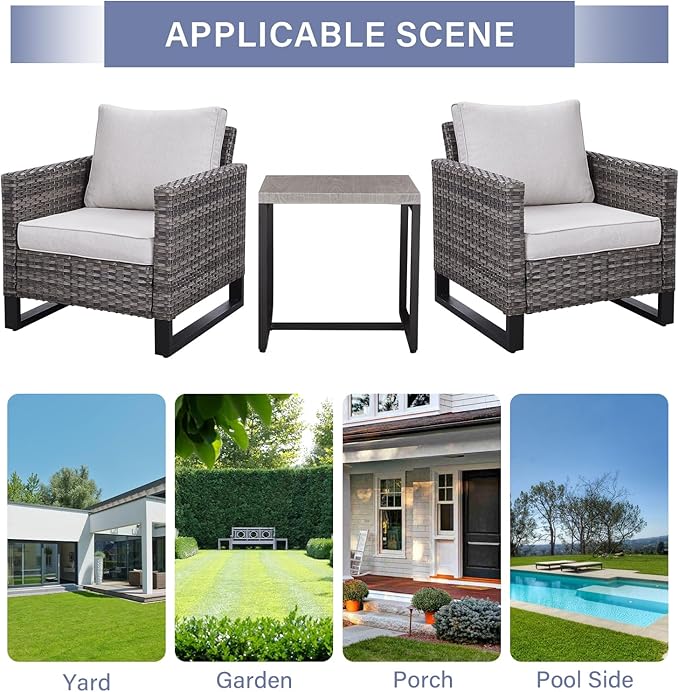 Rilyson Wicker Outdoor Patio Chairs Set - 3 Piece Rattan Patio Furniture Bistro Chairs Set with Waterproof Wicker,Comfortable Cushions and Sturdy Metal Frame for Porch Deck Backyard(Mixed Grey/Beige)