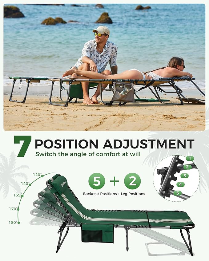 KingCamp Tanning Chair with Face Hole, Lounge Chairs Outdoor Folding Portable Comfy Adjustable 5-Position Foldable Chaise Chaser with Canopy Shade for Outside Beach Patio Sun Bathing Pool, Green/White