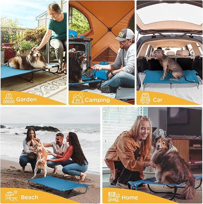 Daisy Cot, Medium Foldable Elevated Dog Bed, Portable Raised Outdoor Folding Dog Cot, Cooling, Chew Proof, Waterproof, Heavy Duty Up to 160 Lbs for Camping/Home, Dark Blue, 32"x 19"x6"