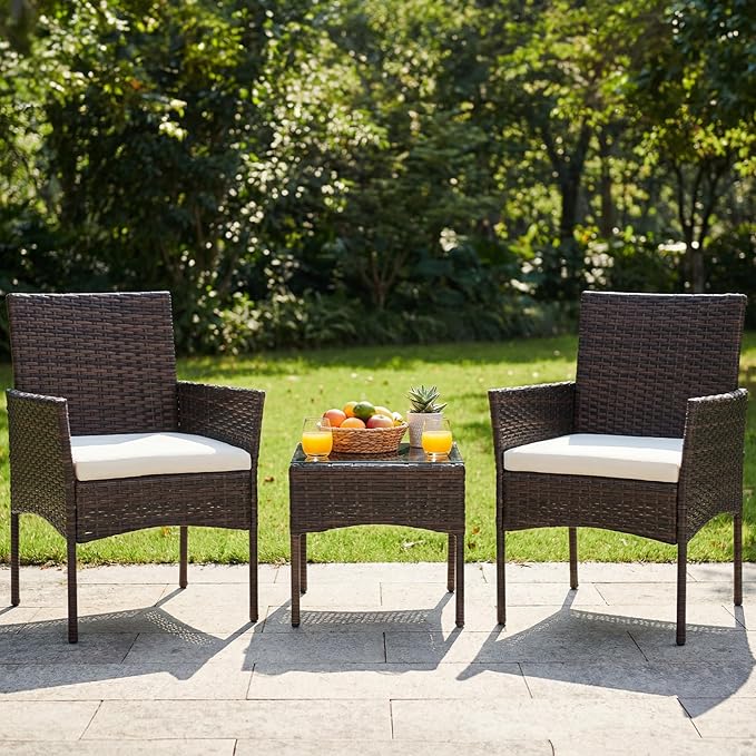 DUMOS 3-Piece Patio Furniture Set, All-Weather Outdoor Wicker Chairs with Removable Cushions & Tempered Glass Table, Small Bistro Set for Porch, Balcony, Lawn, Backyard, Brown