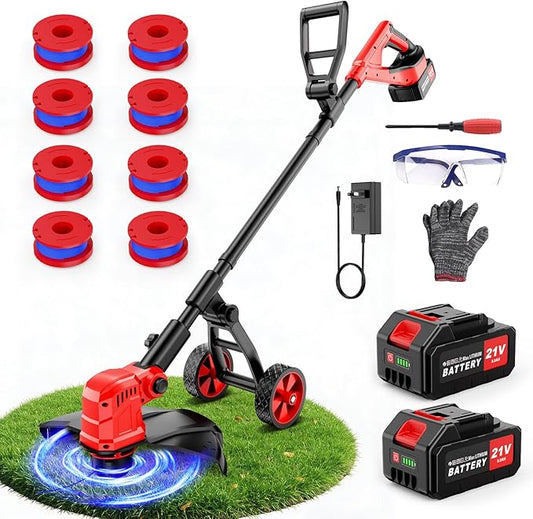 21V Cordless String Trimmer with 2 X 3.0Ah Battery and Charger, Electric Weed Wacker String Trimmer with 14" Cutting Width, Cordless String Trimmer for Lawn, Garden, Yard(8Pcs Spool Line) (Red)