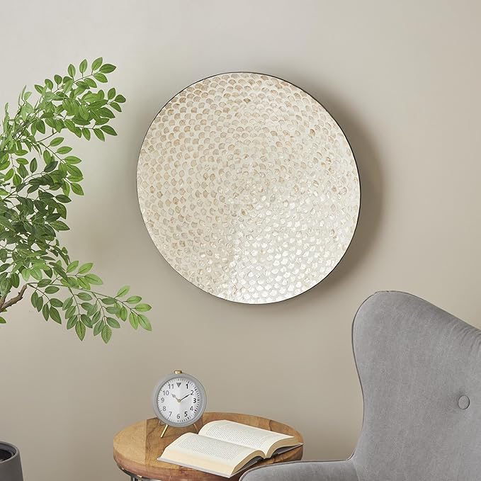 Deco 79 Mother of Pearl Shell Geometric Home Wall Decor Round Disc Wall Sculpture with Black Frame, Wall Art 27" x 3" x 27", Cream