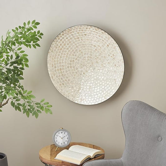 Deco 79 Mother of Pearl Shell Geometric Home Wall Decor Round Disc Wall Sculpture with Black Frame, Wall Art 27" x 3" x 27", Cream