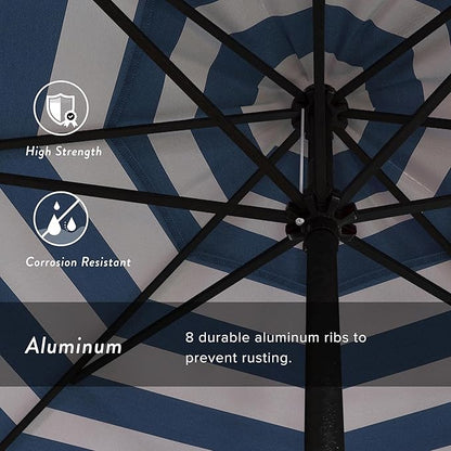California Umbrella 9' Rd Aluminum Patio Umbrella, Crank Lift, Auto Tilt, Black Finish, Sunbrella Cabana Regatta