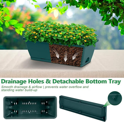 OYEAL Window Boxes Planters with Adjustable Brackets Set of 2 Fence Planters, Over the Deck Railing Planter Box with 6 Pack Hanging Plastic Flower Pots, Drainage Holes for Indoor Outdoor, Green
