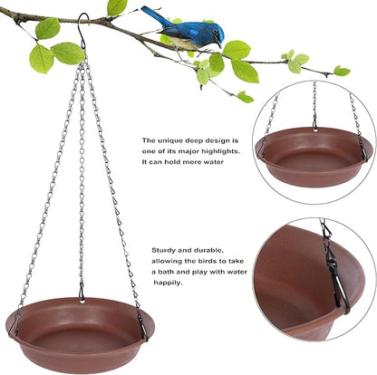 VUWEZ Hanging Bird Bath, Hanging Bird Water Feeder for Outdoors, Feeder Bowl, 1 Pack Birdbath Tray Accessories for Outside, Plastic Birdbaths Tray for Garden Patio Decoration (12", Chocolate)