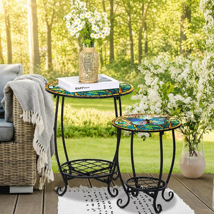 Cinnvoice 2 Pcs Outdoor Side Table Small Patio Round Mosaic Accent End Table Indoor Plant Metal Coffee Tea Tables for Patio Yard Porch Garden Living Room(10" and 16",Butterfly Style)