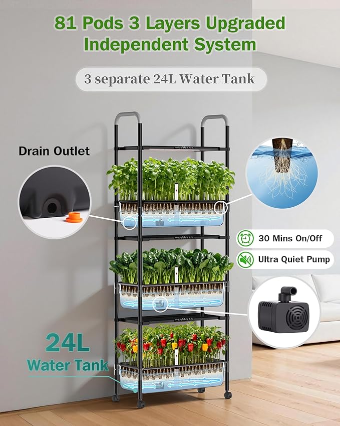 Large Hydroponics Growing System Kit, Vertical Indoor Herb Garden Kit with LED Grow Light & Independent Water Pump, 42L Movable Indoor Planter Perfect Gardening Gifts (3 Tier-81 Pods, Black)