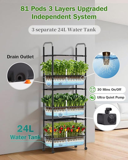 Large Hydroponics Growing System Kit, Vertical Indoor Herb Garden Kit with LED Grow Light & Independent Water Pump, 42L Movable Indoor Planter Perfect Gardening Gifts (3 Tier-81 Pods, Black)