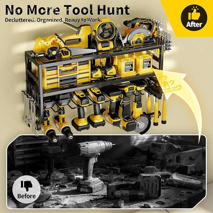 Power Tool Organizer Wall Mount Heavy Duty 320 lbs, 3 Layers Storage Rack with 9 Drill Holders & Battery Storage, cordless tool organizer for Garage, Workshop & Tool Room