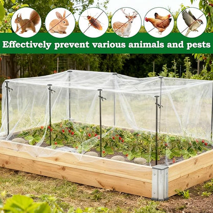 Metal Garden Netting Kit, 8 Pack 2.6ft Raised Garden Bed Net Support Stakes with 10´×13´ Fine Mesh Insect Netting 16pcs Clips Bird Barrier Screen Cover for Protect Plant Vegetable Row from Animals Bug