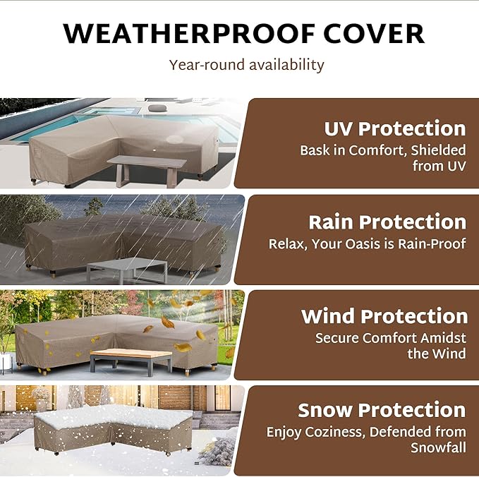 iBirdie Outdoor Patio Furniture Cover fit 87" x 112", 85" x 110", 84" x 108" L-Shaped Sectional Sofa, Waterproof Weatherproof Heavy Duty 600D Garden Cover for Outside L Shape Couch, Brown