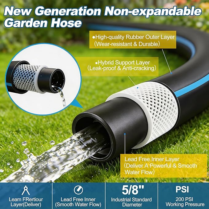 Garden Hose 15FT Non-expandable Heavy Duty Hoses，Kink-free Flexible Water Hose, Leak-proof Hybrid Water Pipe with Male to Female Fittings for Garden, Car, House Cleaning