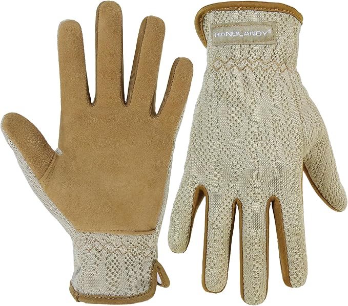 HANDLANDY Gardening Gloves for Women, Breathable Ladies Leather Garden Yard Gloves Best Gift for Gardeners