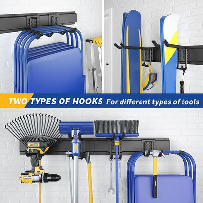 32 Inches Garage Storage, Garage Organization, Wall Mount Garden Tool Organizer, Max 300lbs Adjustable Metal Hooks, Yard Shed Hanging Rack, Heavy Duty Shelving for Rake Broom Mop Snowboard