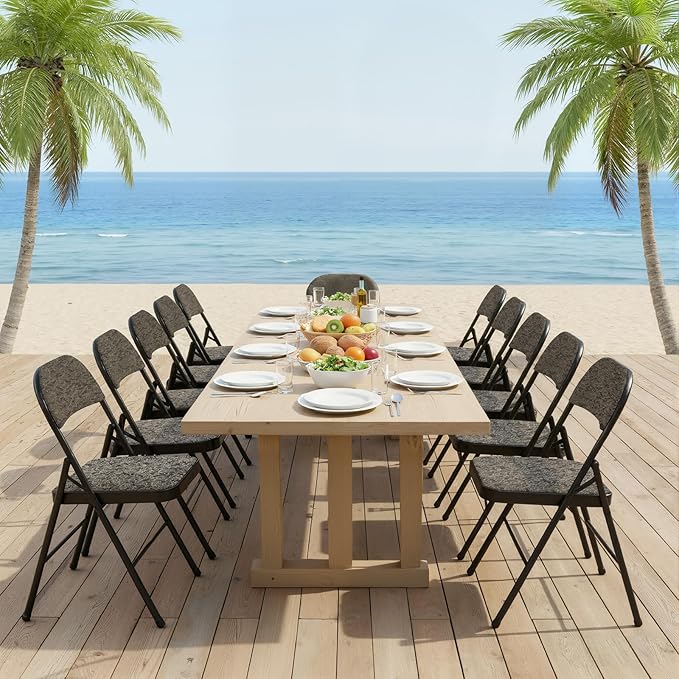 DUMOS 8 Pack Folding Chairs with Padded Cushion and Back - Fabric Stackable Portable Dining Chairs Set, for Home and Office, Conference, Wedding, Party, Patio, Garden, for Indoor Outdoor, Black Grey