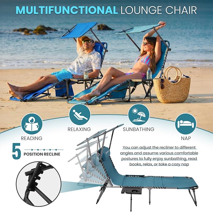 FUNDANGO 400lbs Heavy Duty Tanning Chair with Face Hole & Canopy, Cyan | Face Hole & Canopy, 400lbs Capacity, Side Table, 5-Position Sun Lounger, Anti-Pinch Safety Lock