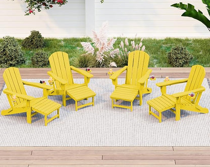 KINGYES Folding Adjustable Adirondack Chair with Ottoman & 2 Cup Holders Set of 4, HDEP Multifunctional Adirondack Chair with Footrest, Yellow