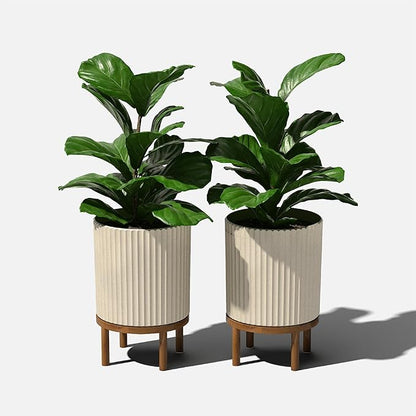 Veradek Demi Series Round Planter w/Stand for Porch/Patio | Durable Plastic-Stone Composite & Wooden Stand | Modern Décor for Tall Plants, Flowers