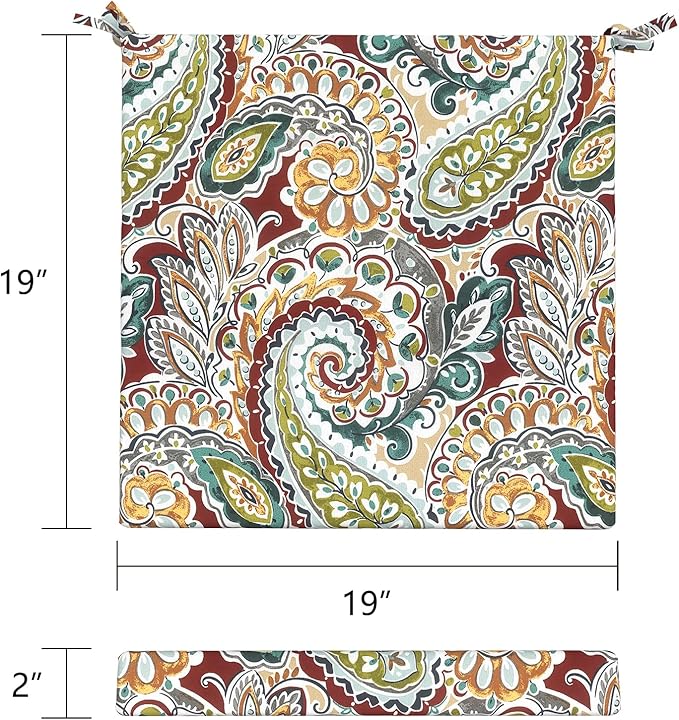 LVTXIII Outdoor Seat Cushions Seasonal Replacement Chair Cushions, Patio Chair Pads with Ties for Dining Chairs and Garden Furniture, Square Back, 19"x19"x2", 4 Pack, Paisley Chilli