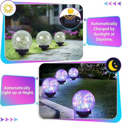 ASOMST 2-Pack Garden Solar Lights Outdoor, Colored Cracked Glass Ball Light Waterproof, Decorative Solar Powered Globe Lighting Multicolor for Yard