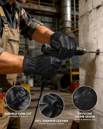 OZERO Leather Garden Gloves: Soft Breathable Mens Deerskin Gloves for Driving, Motorcycle, Horse Riding - Flexible Grip for Working Gardening Yardwork Ranch Farming Hunting for Men & Women (Black,S)