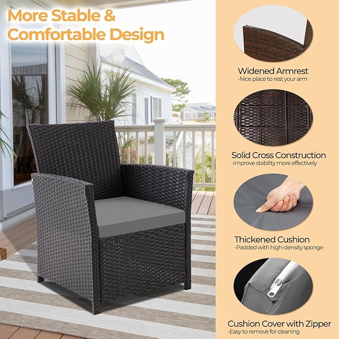FHFO 4 Piece Outdoor Patio Furniture Sets, Outside Furniture Outdoor Sectional Wicker Conversation Sofa Set, Rattan Couch Set for Balcony Porch Backyard (Black-Grey)