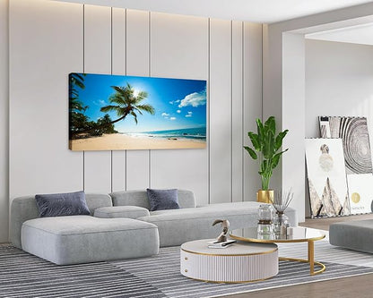 Muolunna ARX0698 Large Canvas Wall Art Summer Ocean Waves Prints Coconut Trees Beach Seascape Painting Hawaii Sea Nature Pictures Stretched and Framed for Living Room Home Office Wall Decor