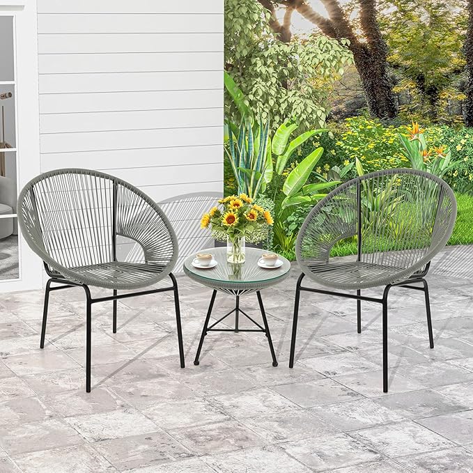COSTWAY 3-Piece Outdoor Acapulco Chair Set, Wicker Conversation Bistro Sets with Plastic Rope, Glass Top Table, Patio Rattan Furniture Set for Garden, Balcony, Lawn, Backyard, Apartment, Grey