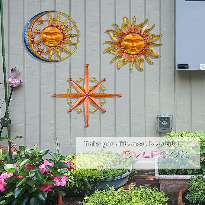 Sun Moon Star Metal Wall Art, Glass Sun Face Weird Decor, Set of 3, Valentine Wall Decor for Patio Garden Balcony Porch Yard, Farmhouse Bedroom Living Room Wall Decorations