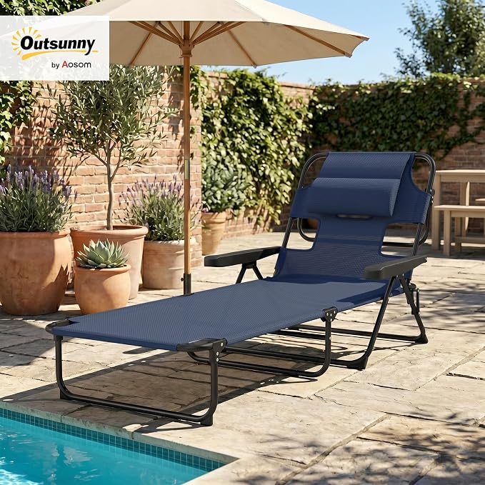 Outsunny Tanning Chaise Lounge Chair, 4-Position Beach Chair with Face & Arm Holes, Pillow headrest, Adjustable Sunbathing Chair, Navy Blue