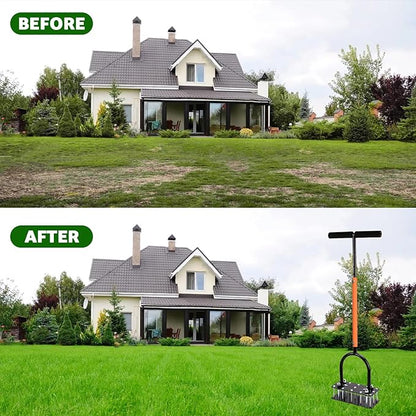 Lawn Aerator, Automatic Dirt and Leaf Clean Design, Heavy Duty Manual Lawn Aerator Tool with 15 Iron Spikes, Height Adjustable, Yard Grass Aerator for Lawn(Black with Orange)