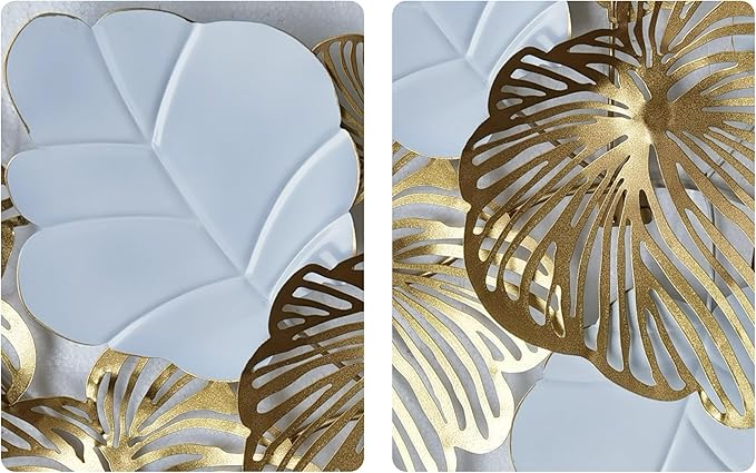 Roivikis Large Metal Wall Art Decor, 3D Abstract White & Gold Floral Leaves Wall Art, Handcrafted Modern Metal Wall Sculpture for Living Room, Bedroom, Entryway, 53.2" × 27"