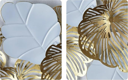 Roivikis Large Metal Wall Art Decor, 3D Abstract White & Gold Floral Leaves Wall Art, Handcrafted Modern Metal Wall Sculpture for Living Room, Bedroom, Entryway, 53.2" × 27"