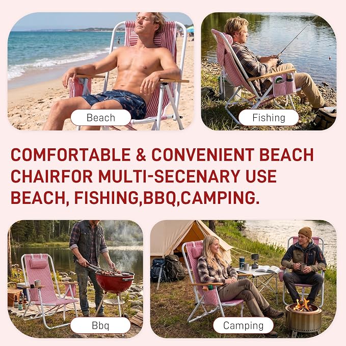 Outvita Folding Beach Chair, 4 Position Adjustable Reclining Lounge Chair with Padded Headrest, Large Rear & Side Storage Pockets, Lightweight Portable Outdoor Chair for Beach Pool Garden BBQ