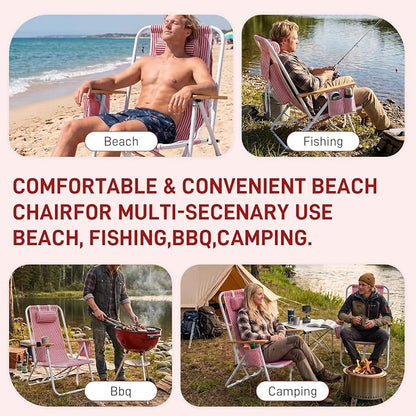 Outvita Folding Beach Chair, 4 Position Adjustable Reclining Lounge Chair with Padded Headrest, Large Rear & Side Storage Pockets, Lightweight Portable Outdoor Chair for Beach Pool Garden BBQ